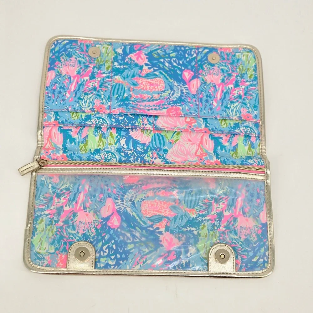Lilly Pulitzer Bi-Fold Travel Organizer Clutch Bag Fished My Wish Gold Trim